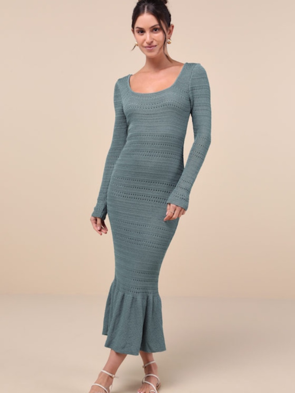 Lulus Sunset Moments Sage Crochet Long Sleeve Trumpet Midi Dress Green - Size XL